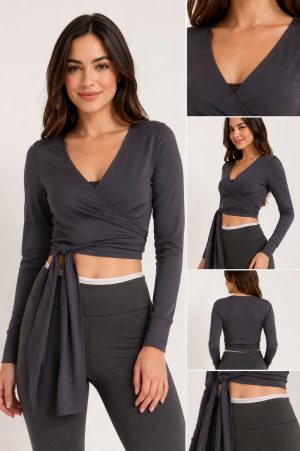 Blusa Feminina de Amarração Manga Longa Tecido Leve Respirável Fitness
