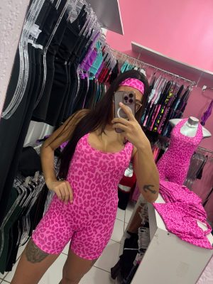 Macaquinho Fitness Feminino Oncinha Costa Nua Sport Academia